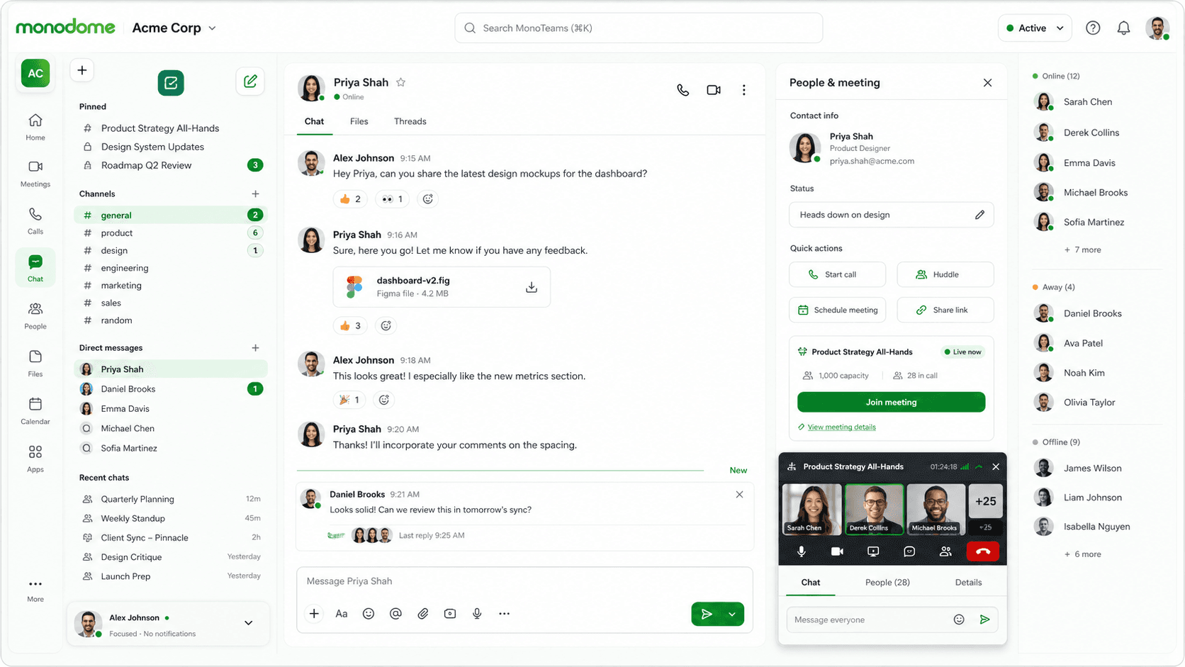 MonoTeams workspace: channels and direct messages with presence, a chat thread with files and reactions, and the People & meeting panel with a live call
